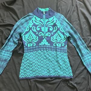 Women’s Teal and Navy Patterned Half-Zip Sweater